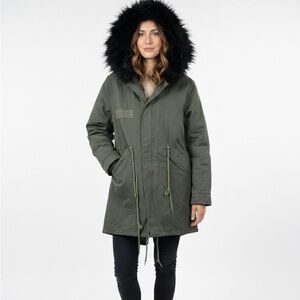 New Ava & Kris Amanda Olive Green Fur Trim Parka Coat Jacket Leopard Lined Sz S